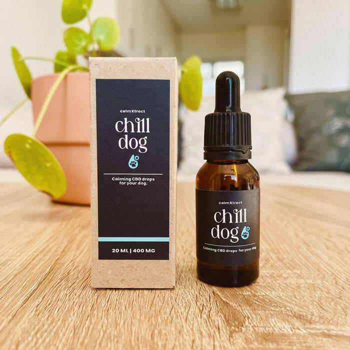 Chill Dog CBD oil for dogs with stress, separation anxiety, or travel issues.